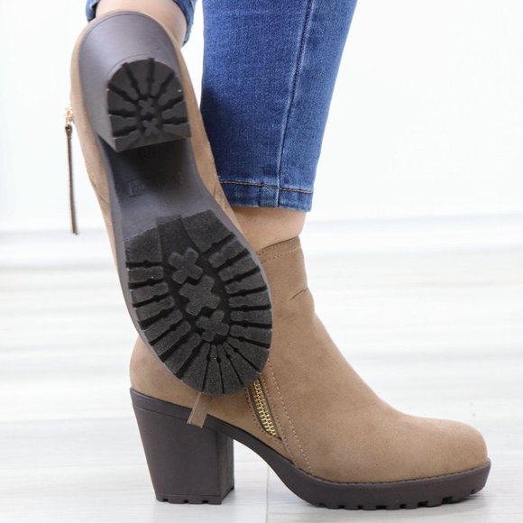 Taupe Suede Lug Chunky Heel Ankle Boots - Picture 7 of 12